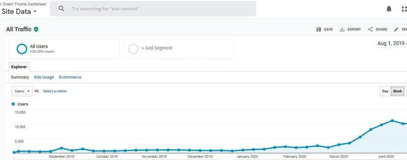 Google Analytics graph showing organic sessions climbing over 2,000% for a content site.